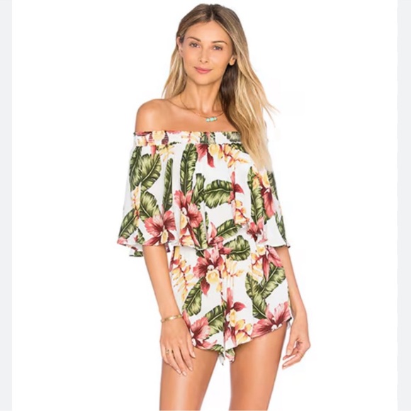 EUC Show Me Your Mumu Rosarita Romper XS Aloha Bloom Tropical Off Shoulder Boho - Picture 4 of 16